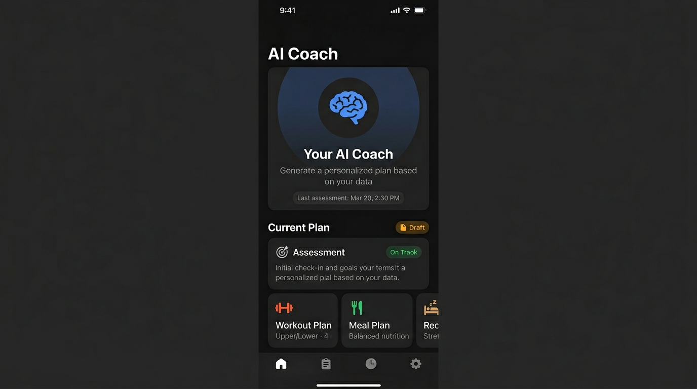 AI Coach screen with brain hero, assessment card, and plan rows