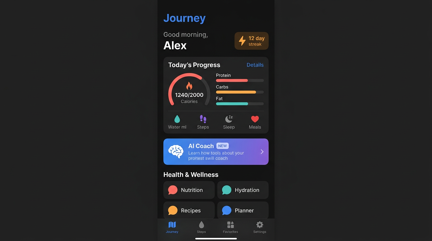 Journey tab with Today progress ring, macros, and Health and Wellness tiles