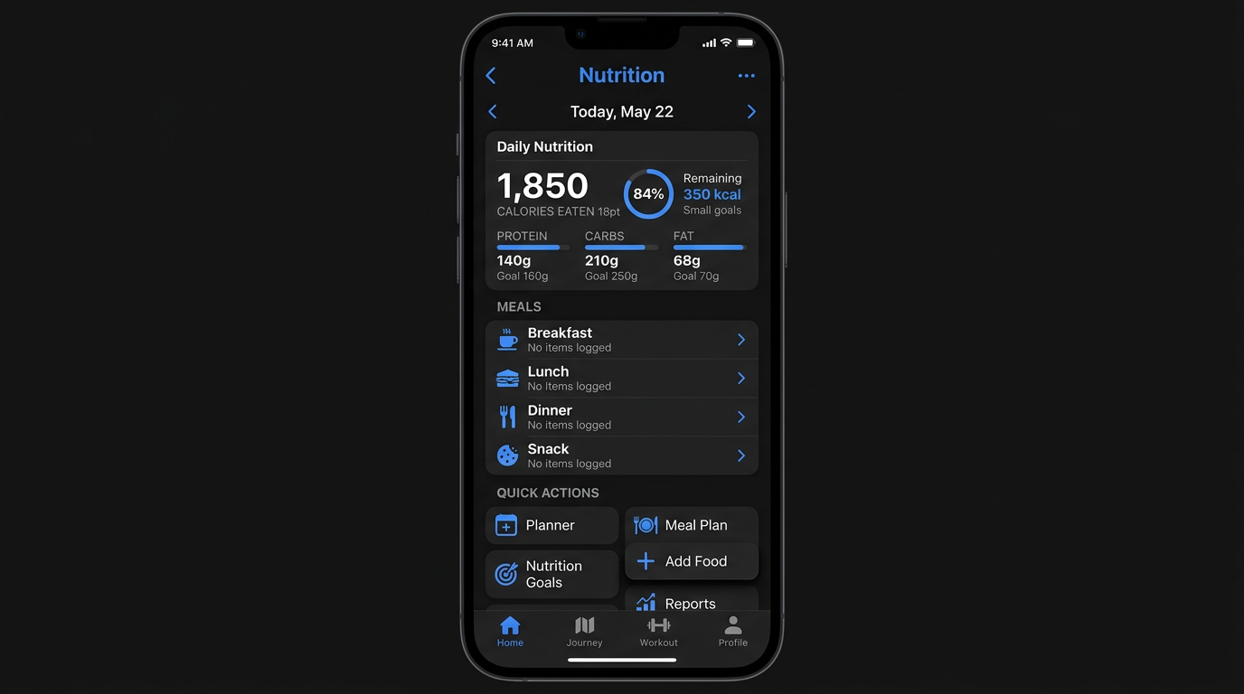 Nutrition screen with Daily Nutrition card, meal rows, and Quick Actions grid